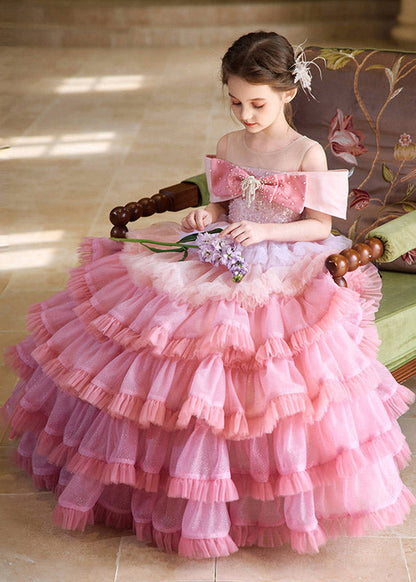 Dinner Pink Patchwork Bow Tulle Girls Maxi Cake Dresses Short Sleeve