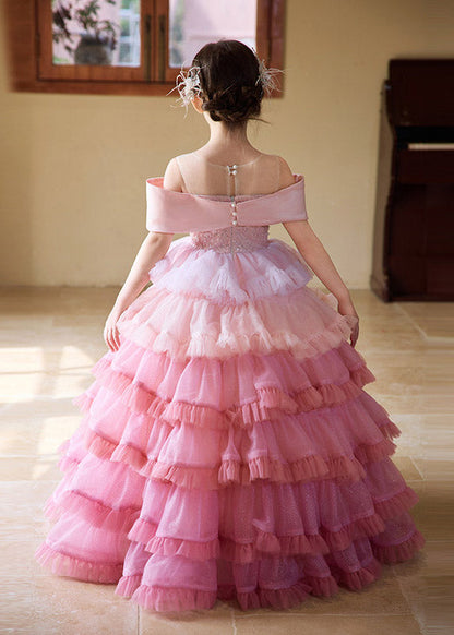 Dinner Pink Patchwork Bow Tulle Girls Maxi Cake Dresses Short Sleeve