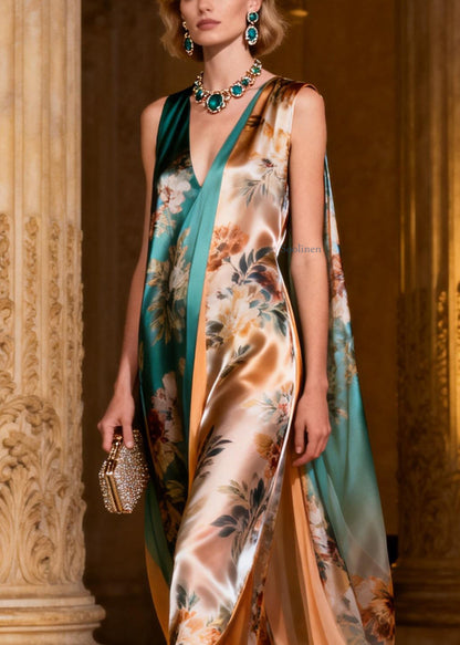 Dinner V Neck Print Silk Maxi Dresses Sleeveless