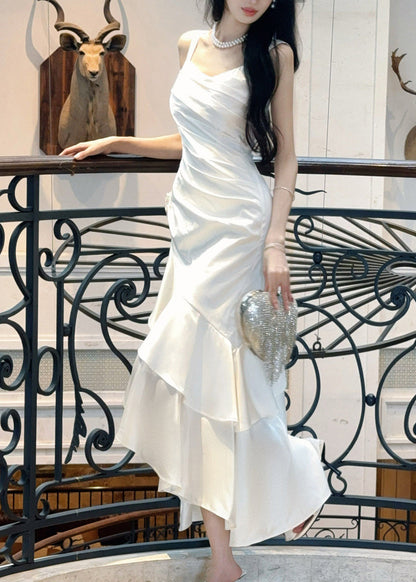Dinner White Square Collar Asymmetrical Satin Long Spaghetti Strap Dresses Sleeveless