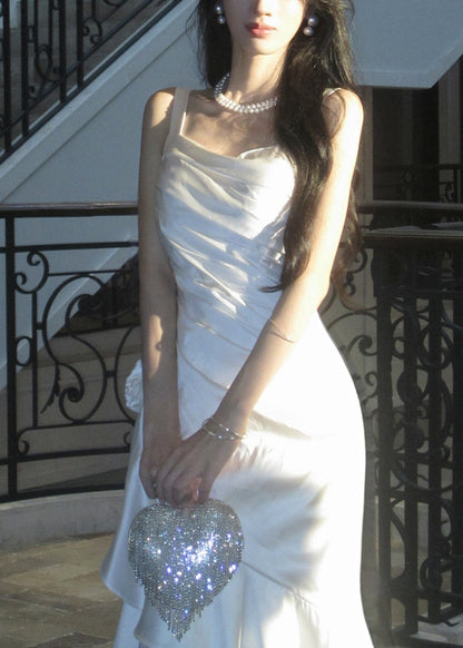 Dinner White Square Collar Asymmetrical Satin Long Spaghetti Strap Dresses Sleeveless