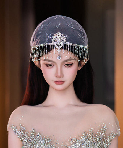Dinner White Tulle Patchwork Zircon Tassel HairPiece