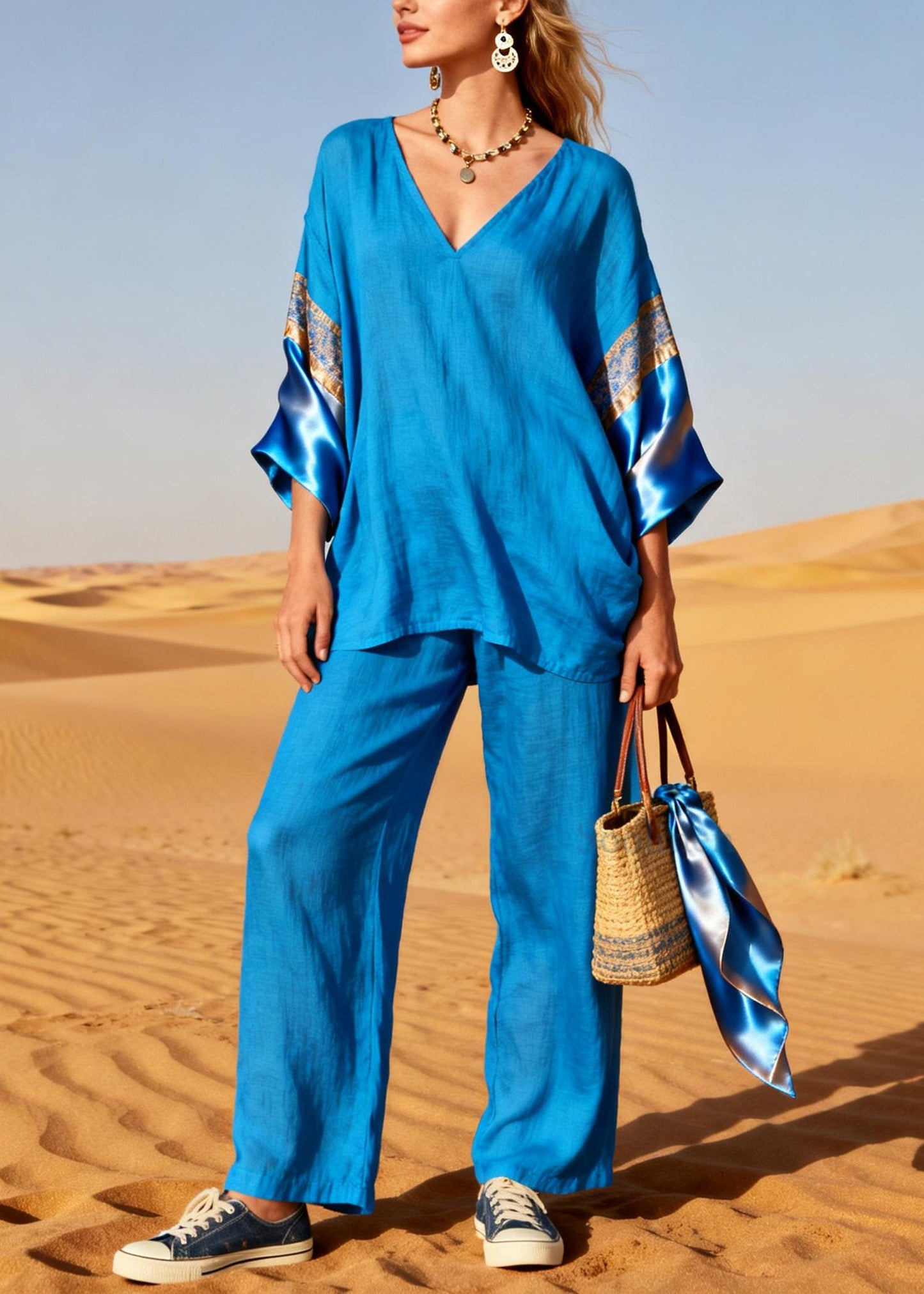 Diy Blue Oversized Patchwork Linen Silk Two Piece Set Outfits Spring