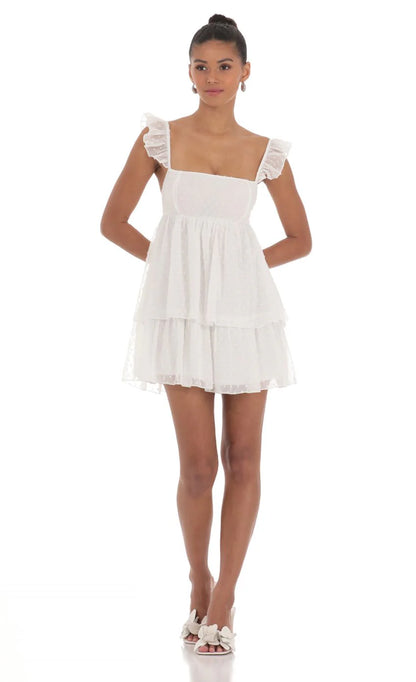 Dotted Ruffle Dress in White
