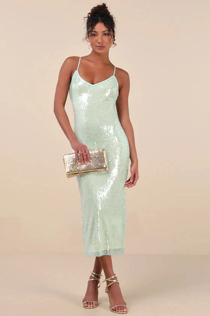 Cahya Mint Green Sequin Tie-Back Midi Dress