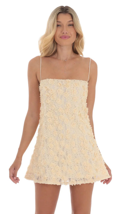 Textured Floral Square Neck Dress in Cream