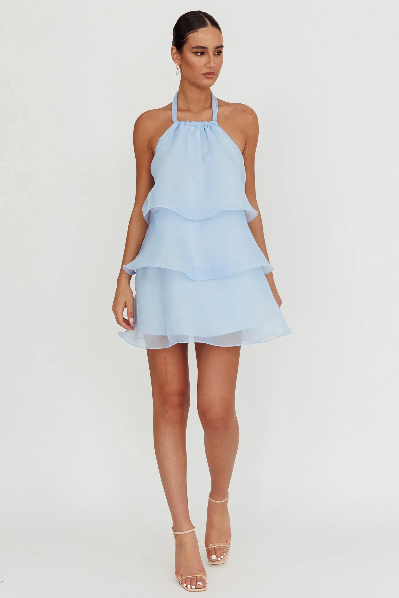 Tulips Tiered Halterneck Mini Dress Baby Blue