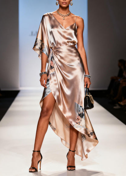 Elegant Apricot Asymmetrical Print Chiffon Sundress Summer
