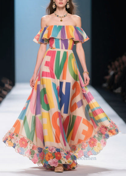 Elegant Apricot Cold Shoulder Print Silk Vacation Dress Summer