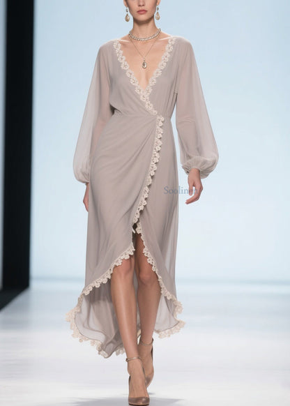 Elegant Apricot Lace Low High Design Chiffon Maxi Dresses