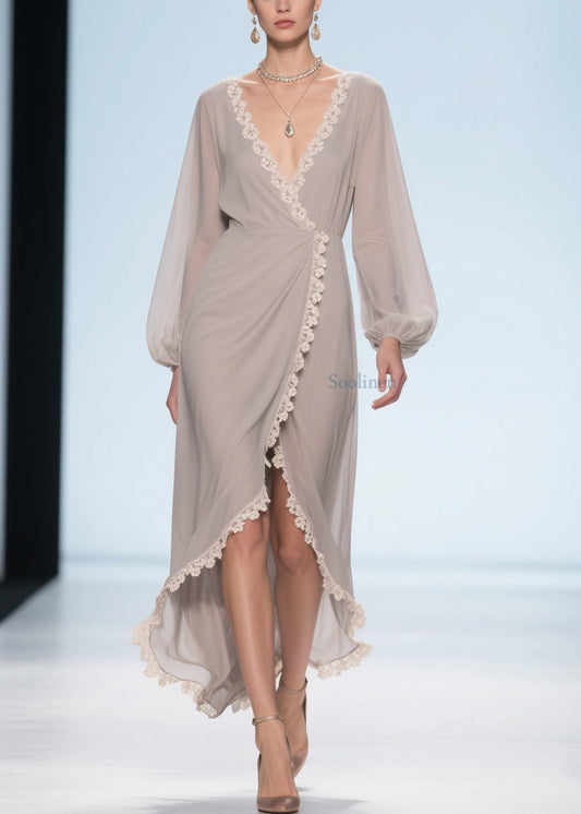 Elegant Apricot Lace Low High Design Chiffon Maxi Dresses