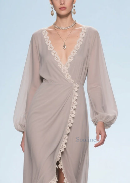 Elegant Apricot Lace Low High Design Chiffon Maxi Dresses