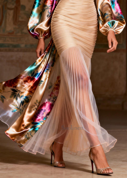 Elegant Apricot Print Patchwork Chiffon Pleated Dress Summer