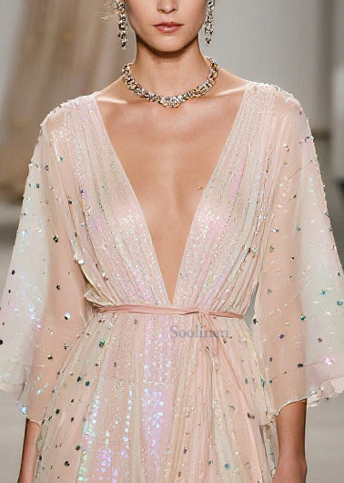 Elegant Apricot Sequins Low High Design Tulle Tunic Dress Summer