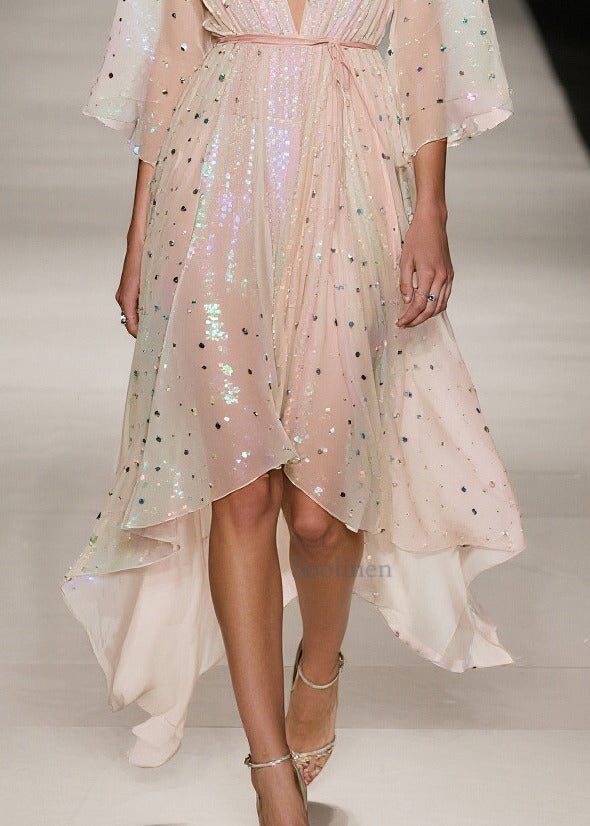Elegant Apricot Sequins Low High Design Tulle Tunic Dress Summer