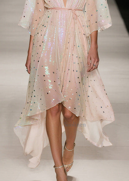 Elegant Apricot Sequins Low High Design Tulle Tunic Dress Summer