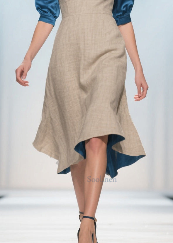 Elegant Apricot V Neck Patchwork Linen Silk Fake Two Piece Dress Summer