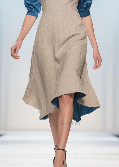 Elegant Apricot V Neck Patchwork Linen Silk Fake Two Piece Dress Summer