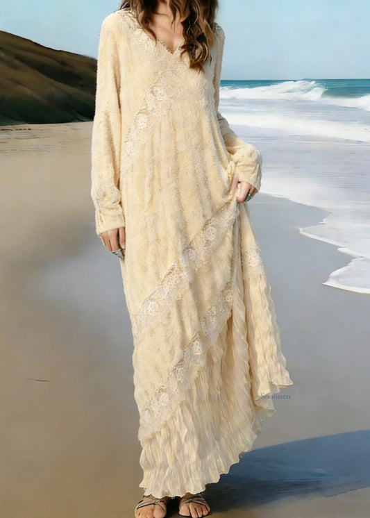 Elegant Apricot Wrinkled Lace Patchwork Knit Long Dress Spring