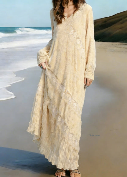Elegant Apricot Wrinkled Lace Patchwork Knit Long Dress Spring