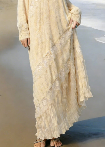 Elegant Apricot Wrinkled Lace Patchwork Knit Long Dress Spring