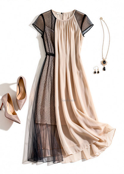 Elegant Apricot Wrinkled Tulle Patchwork Dress Summer