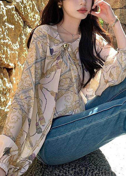 Elegant Beige Asymmetrical Print Chiffon Shirt Spring