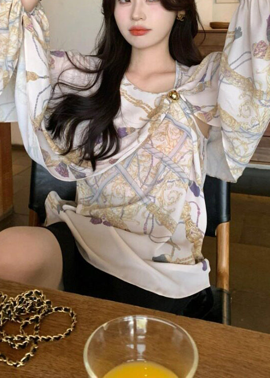 Elegant Beige Asymmetrical Print Chiffon Shirt Spring