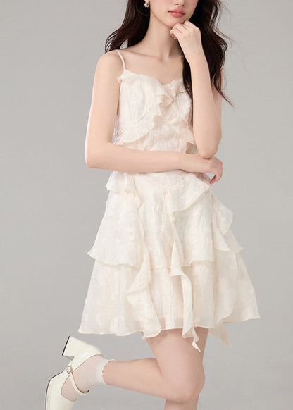 Elegant Beige Ruffled Jacquard Cotton Sundress Summer