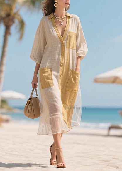 Elegant Beige V Neck Patchwork Tulle Maxi Dresses Bracelet Sleeve