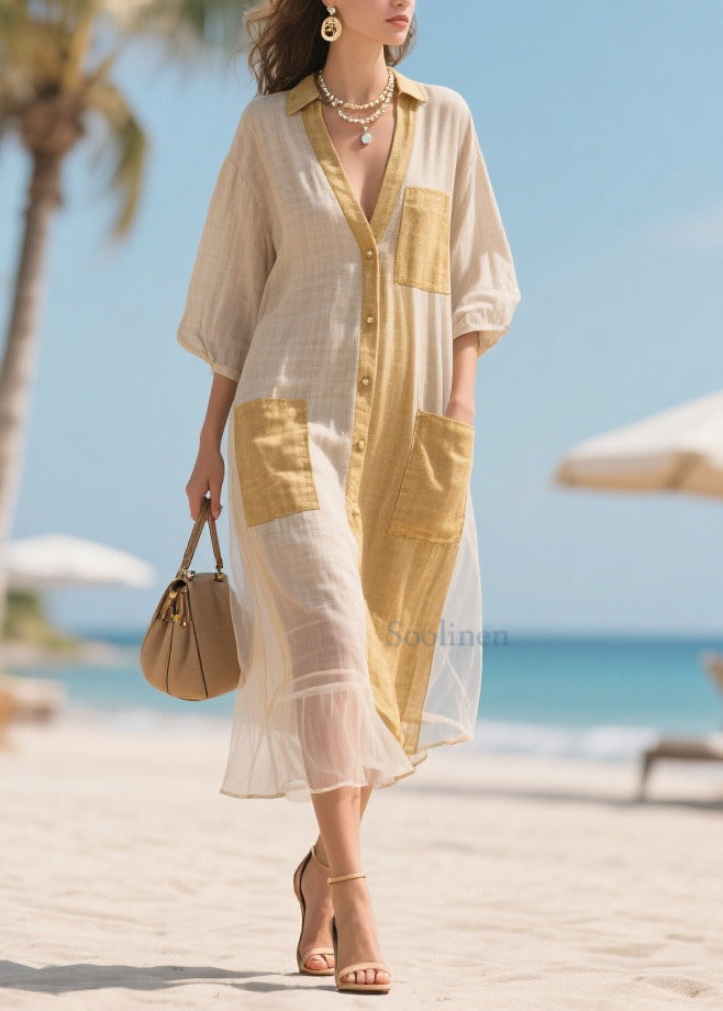 Elegant Beige V Neck Patchwork Tulle Maxi Dresses Bracelet Sleeve