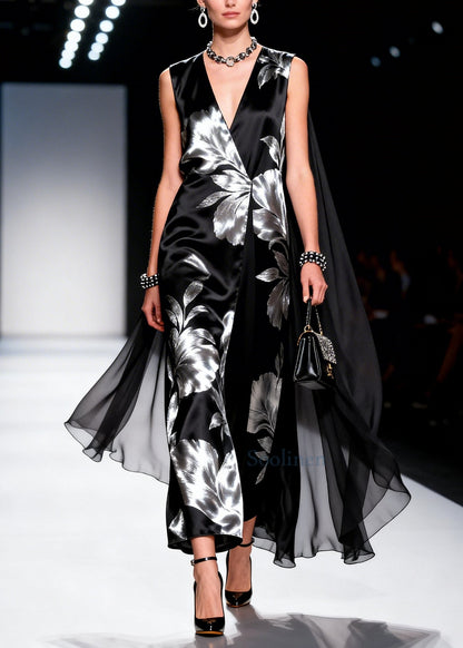 Elegant Black Jacquard Patchwork Shawl Silk Party Dress Summer