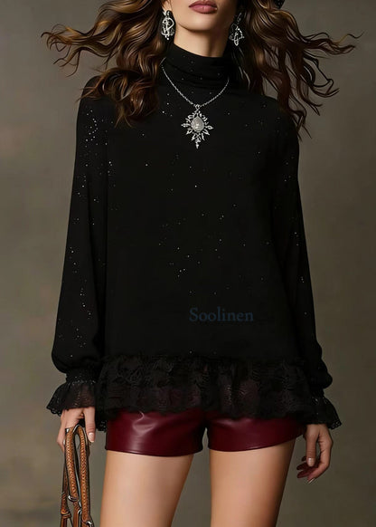 Elegant Black Sequins Lace Patchwork Knit Blouses Spring