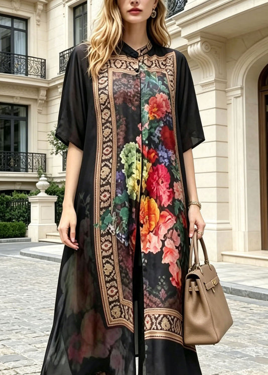Elegant Black Stand Collar Print Silk Two Pieces Set Summer