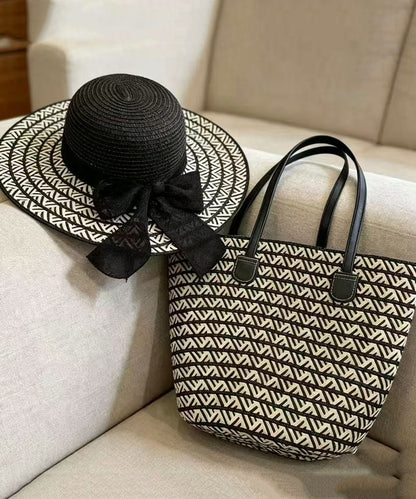 Elegant Black Striped Straw Woven Floppy Sun Hat And Shoulder Handbag Two Pieces Set