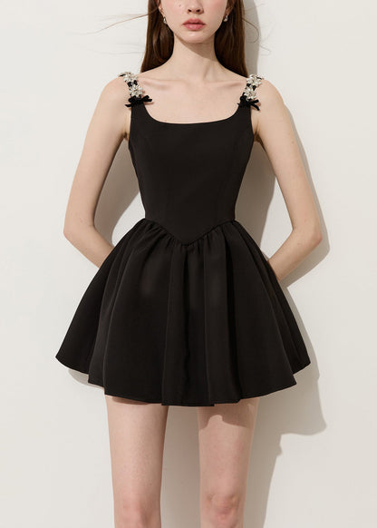 Elegant Black U Neck Flower Rhinestone Cotton Mini Dress Summer
