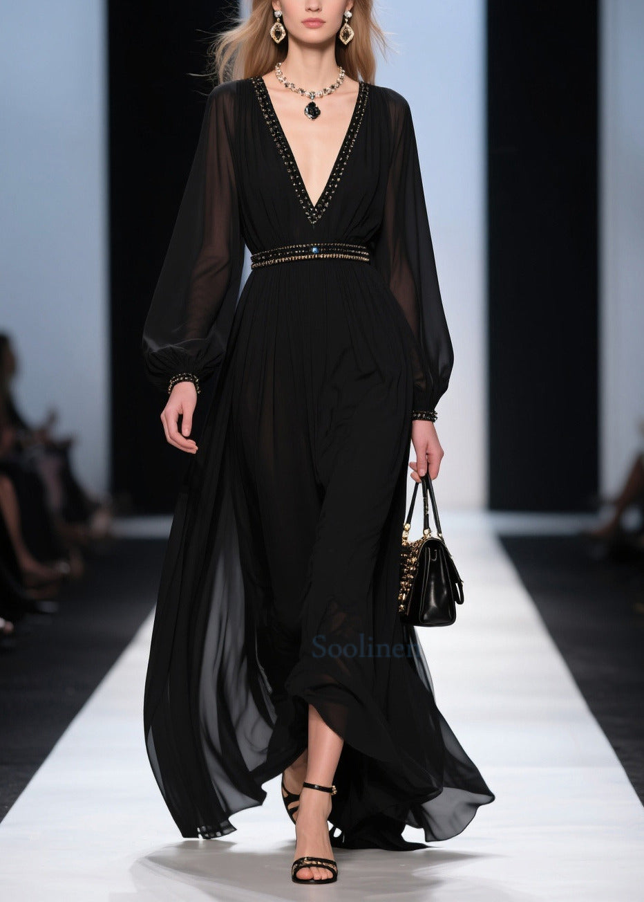 Elegant Black V Neck Exra Large Hem Chiffon Long Dresses Summer