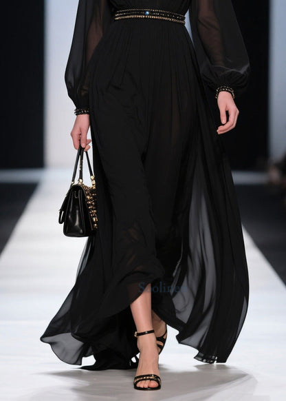 Elegant Black V Neck Exra Large Hem Chiffon Long Dresses Summer