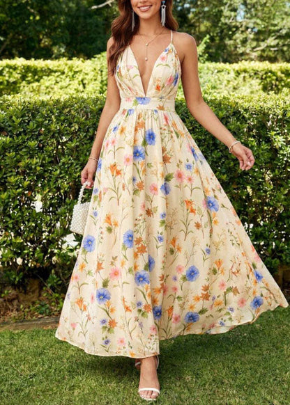Elegant Black V Neck Print Chiffon Spaghetti Strap Dress Summer