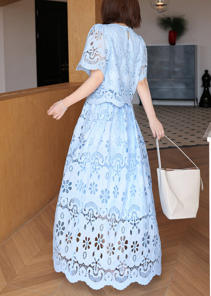 Elegant Blue Embroidered Hollow Out Cotton Two Pieces Set Summer