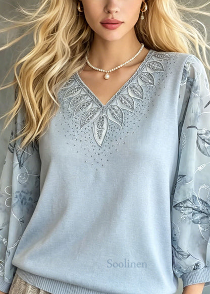 Elegant Blue Embroidered Zircon Knit Top Bracelet Sleeve