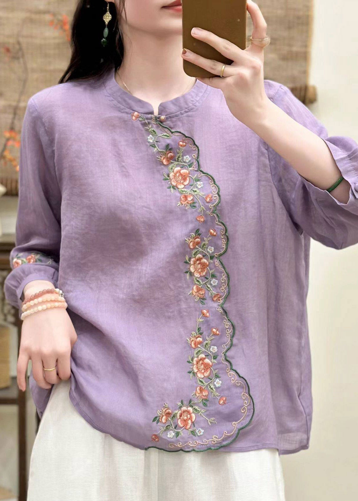 Elegant Blue O-Neck Embroidered Linen Shirt Tops Three Quarter Sleeve