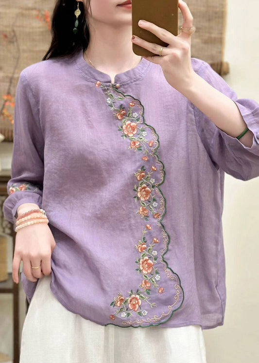 Elegant Blue O-Neck Embroidered Linen Shirt Tops Three Quarter Sleeve