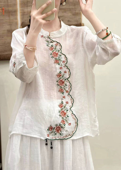 Elegant Blue O-Neck Embroidered Linen Shirt Tops Three Quarter Sleeve