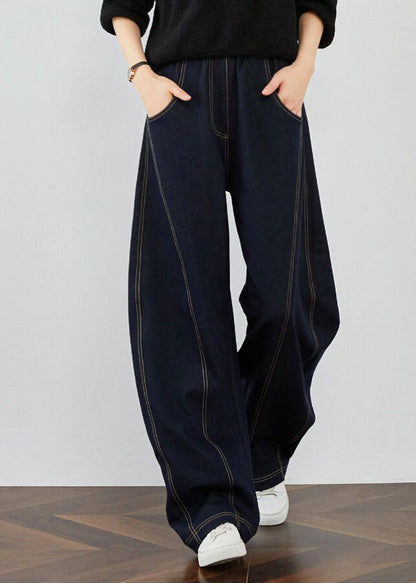Elegant Blue Pockets Patchwork Denim Pants Spring