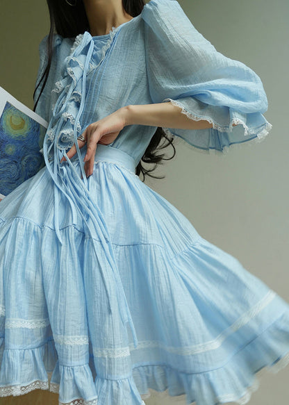 Elegant Blue Ruffled Lace Shirt And Skirts Cotton Two Pieces Set Half Sleeve