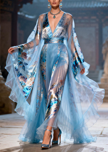 Elegant Blue Ruffled Print Chiffon Maxi Dresses Summer