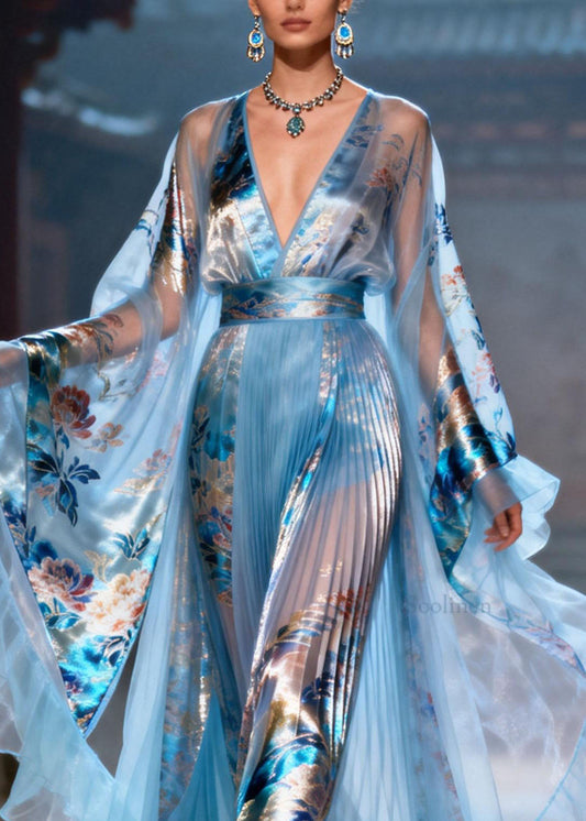 Elegant Blue Ruffled Print Chiffon Maxi Dresses Summer