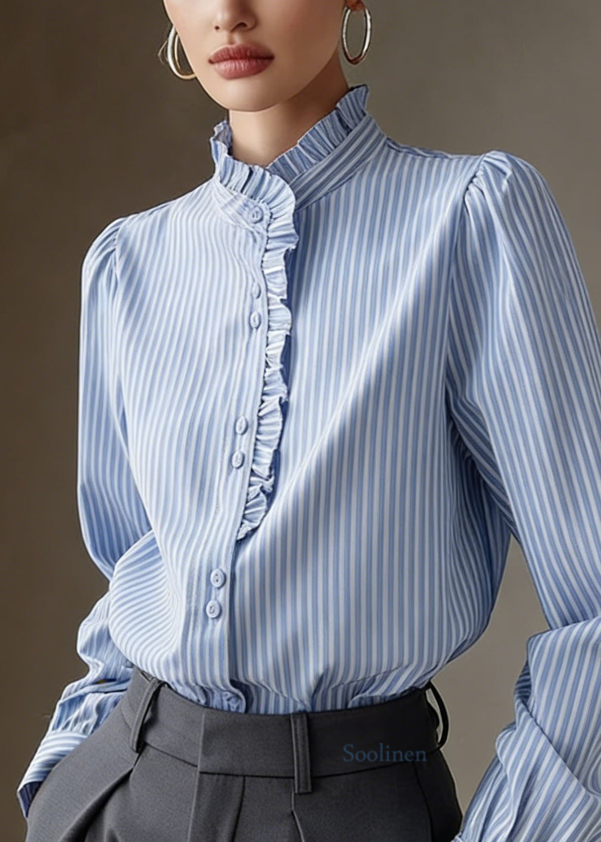 Elegant Blue Ruffled Striped Cotton Shirt Tops Spring