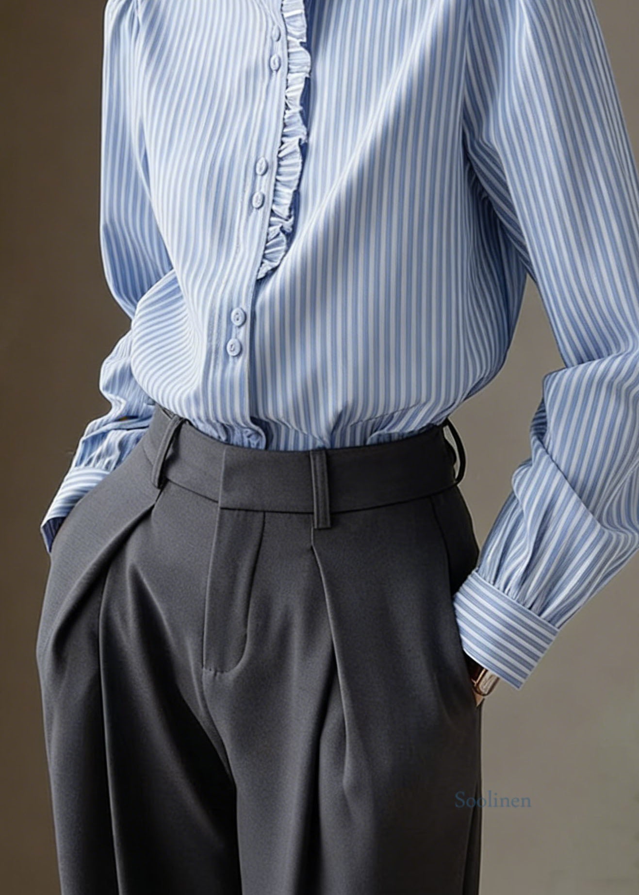 Elegant Blue Ruffled Striped Cotton Shirt Tops Spring